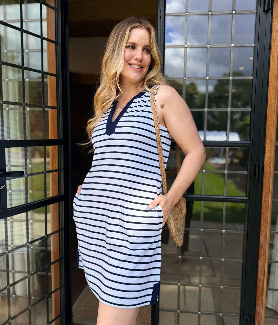 Navy Stripe Jersey Notch Neck Dress