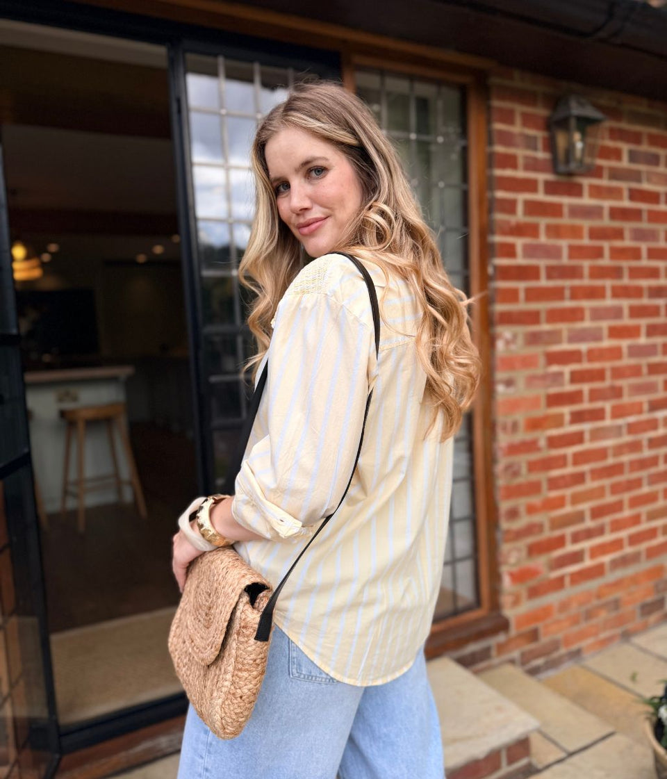 Yellow Pure Cotton Shirred Striped Shirt