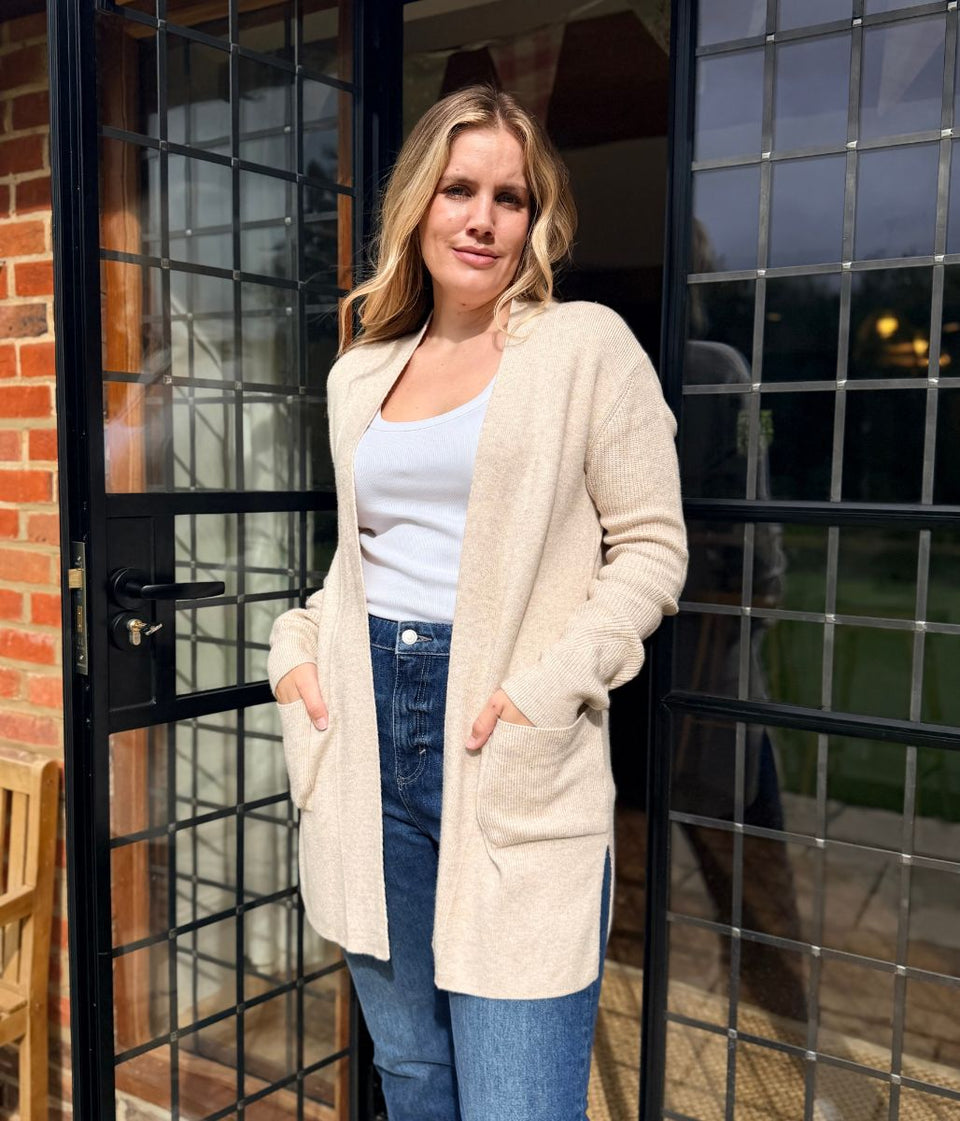 Beige Marl Ribbed Edge to Edge Longline Cardigan