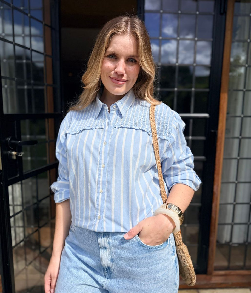 Blue Pure Cotton Shirred Striped Shirt