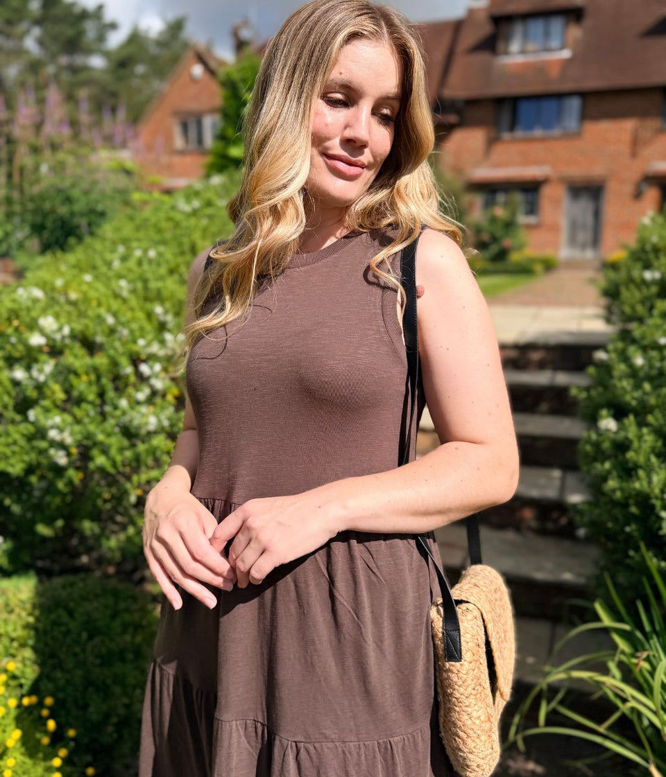 Brown Sleeveless Cotton Slub Jersey Tiered Midi Dress