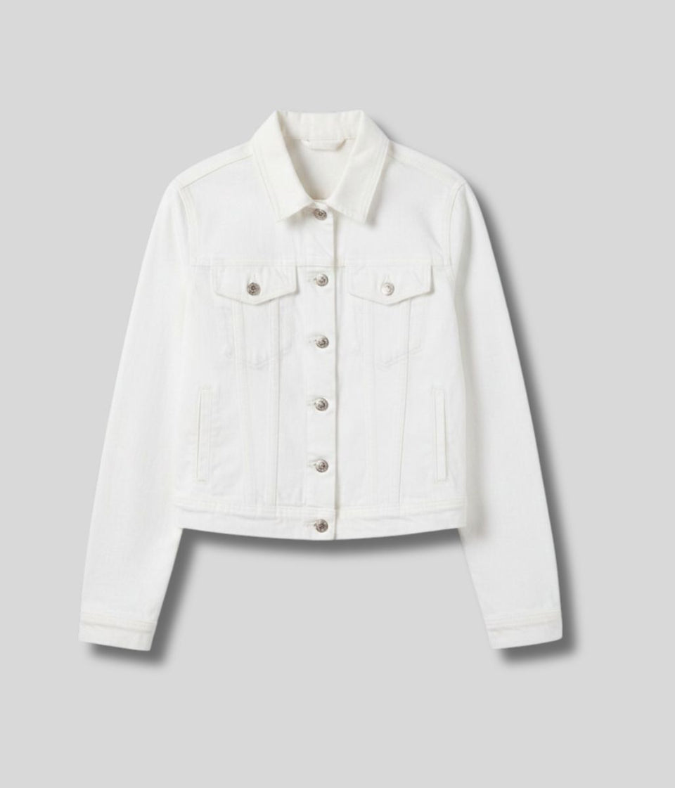 White Denim Fitted Cropped Trucker Jacket