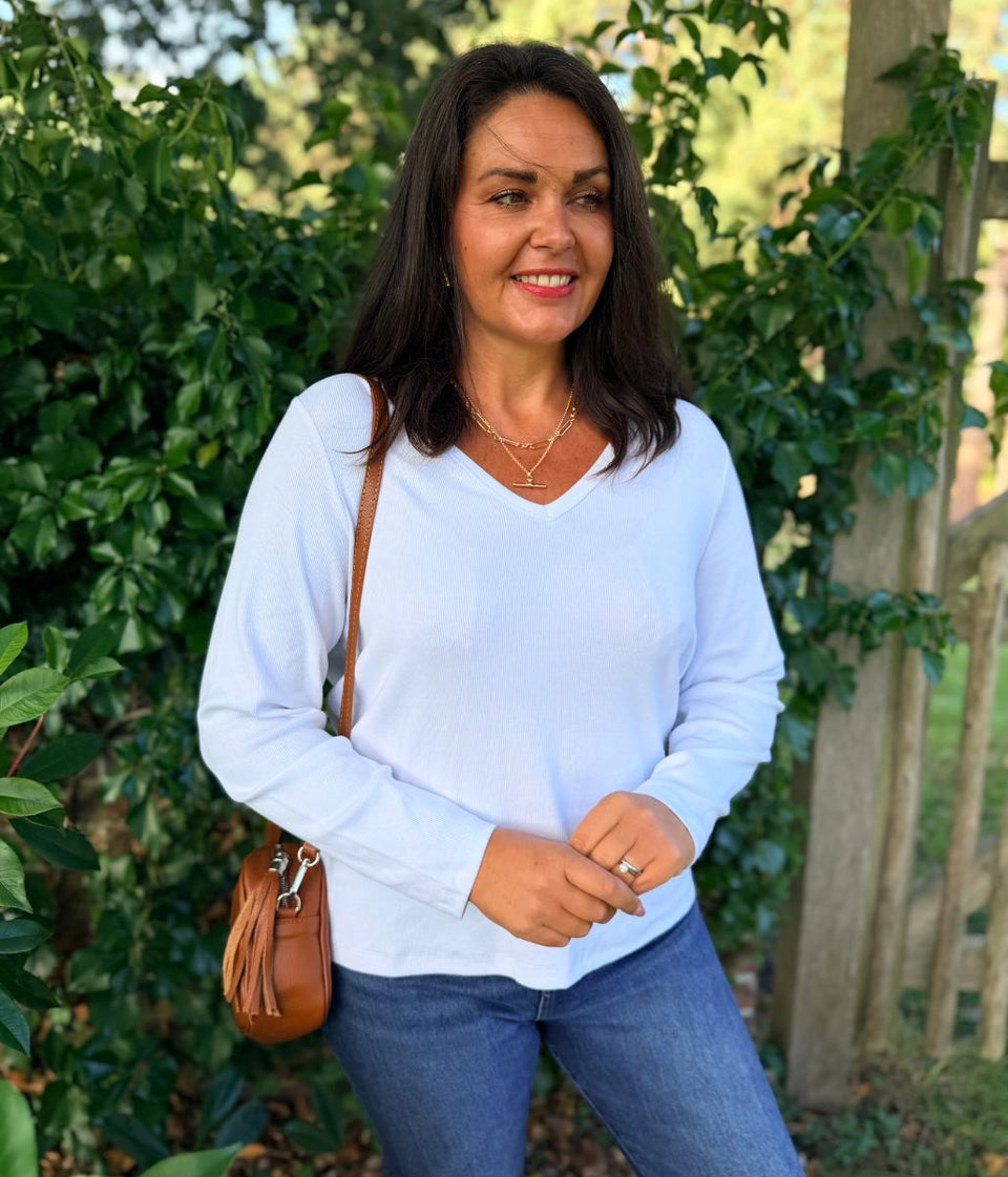 White V Neck Ribbed Long Sleeve Top