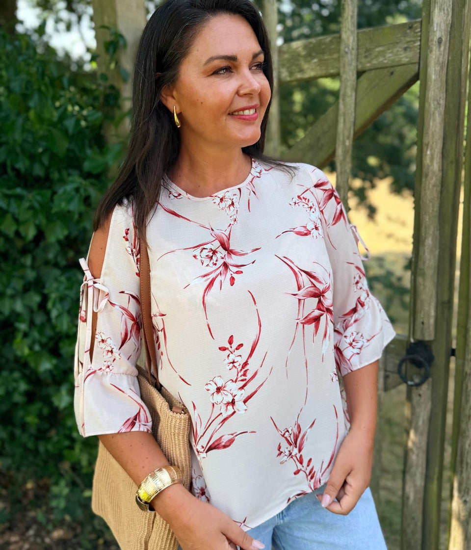 Blush Floral Tie Sleeve Blouse