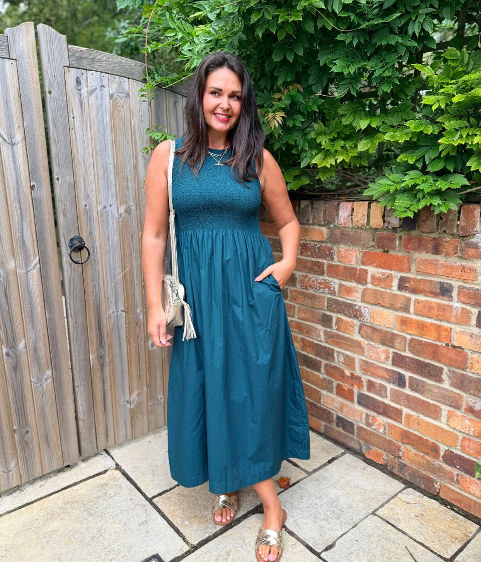Green Cotton Poplin Shirred Dress