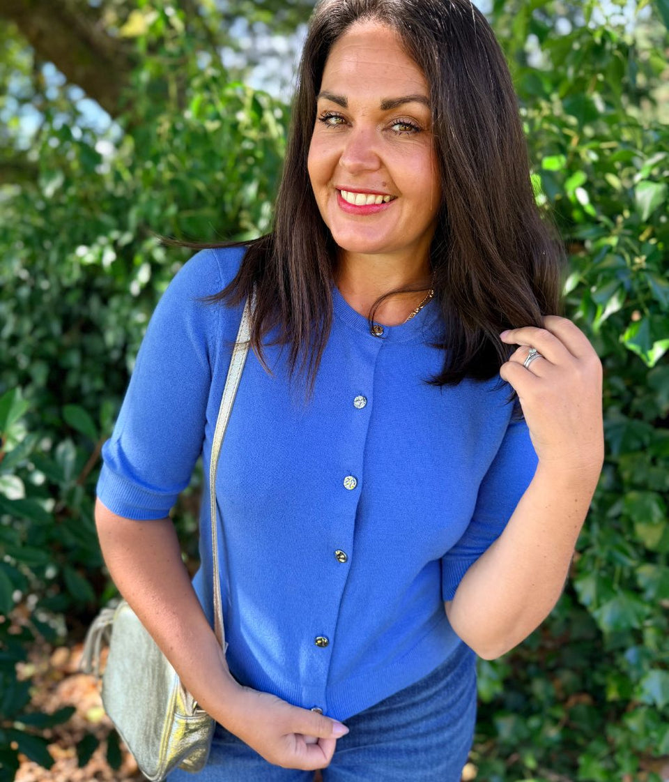 Blue Air Yarn Half Sleeve Cardigan