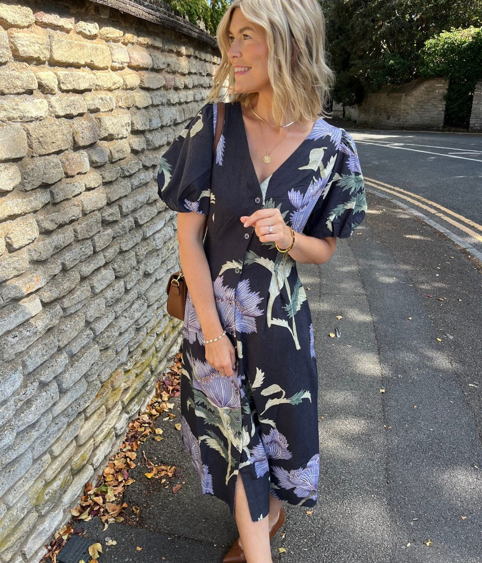Navy Linen Blend Kew Gardens Midi Dress