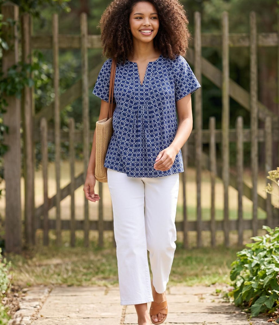 Navy Print Smock Blouse