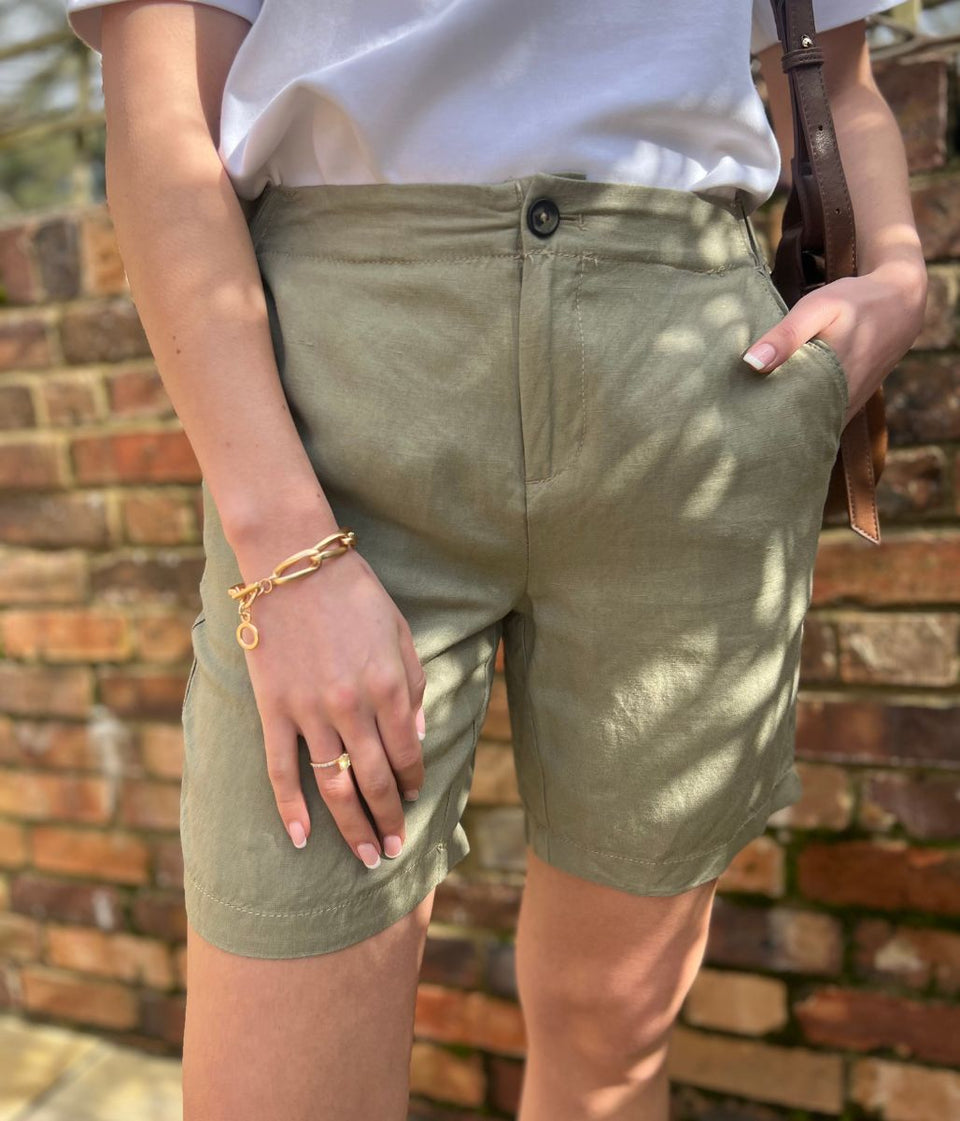Olive Linen Blend Shorts