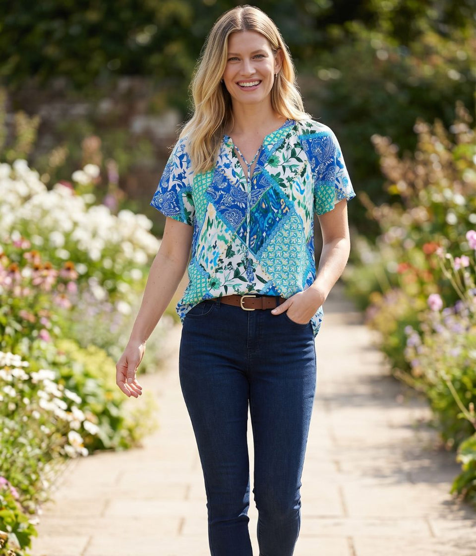 Blue Tie Neck Printed Short Sleeve Top
