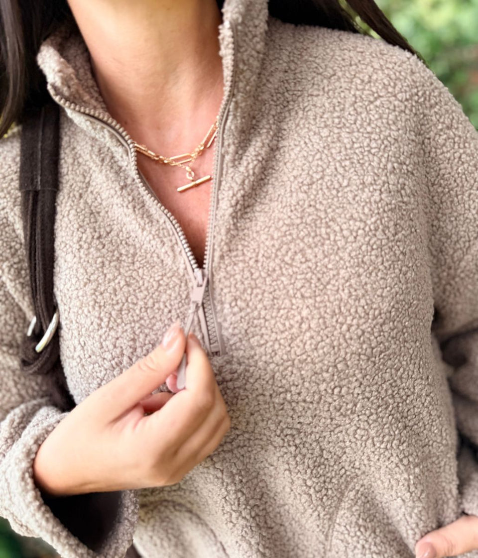 Taupe 1/4 Zip Borg Fleece Top