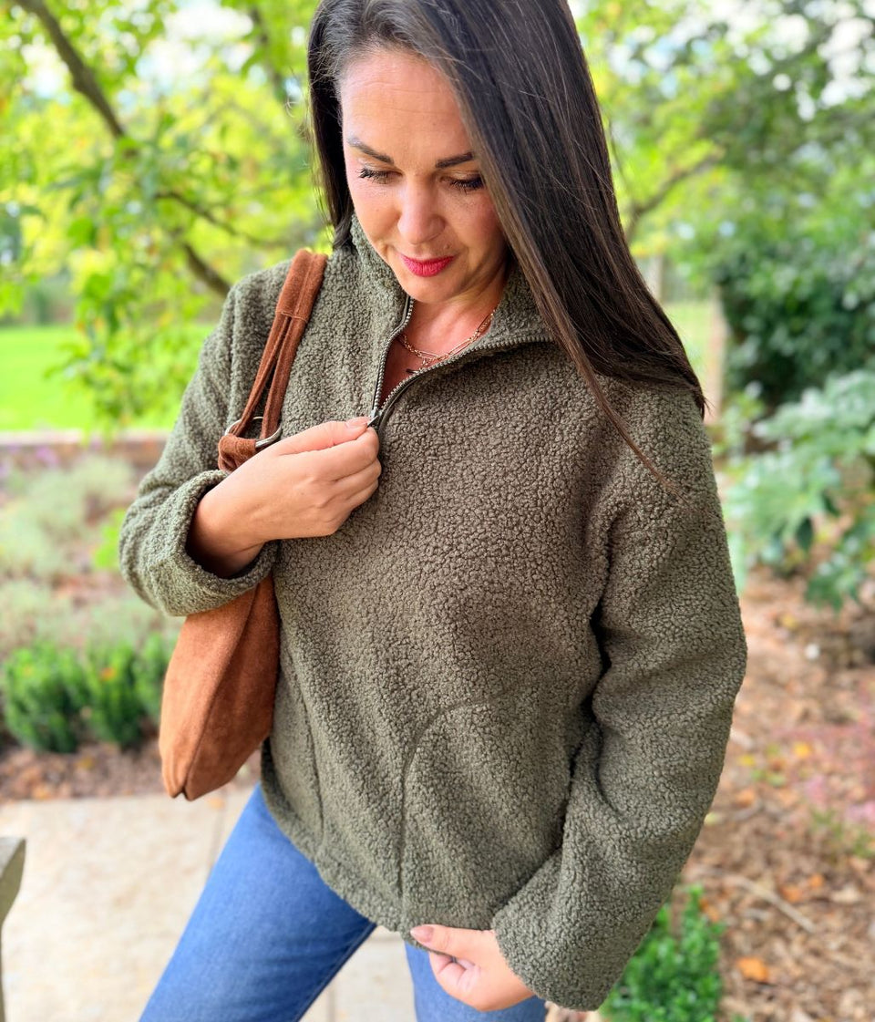 Khaki 1/4 Zip Borg Fleece Top