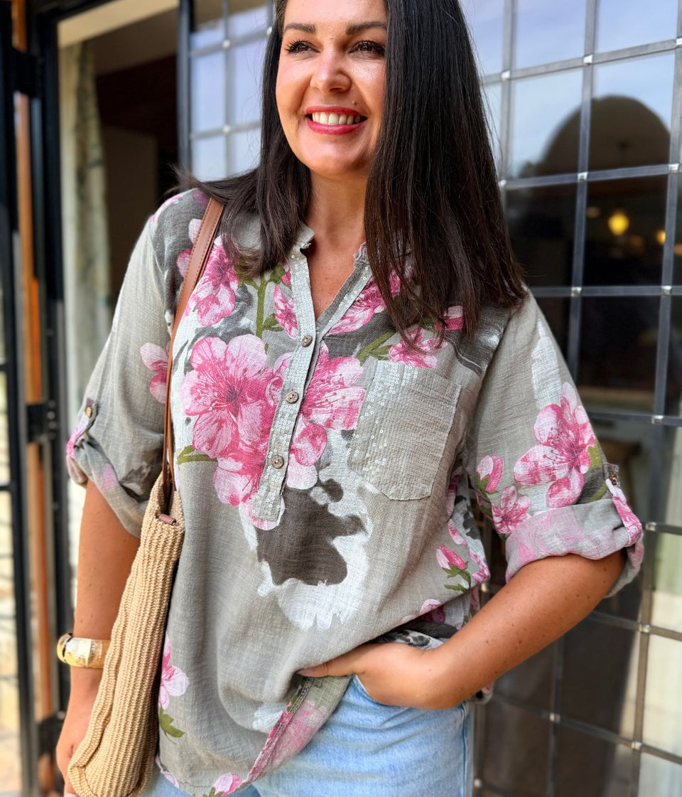 Mocha Floral Sequin Pocket Roll Sleeve Top
