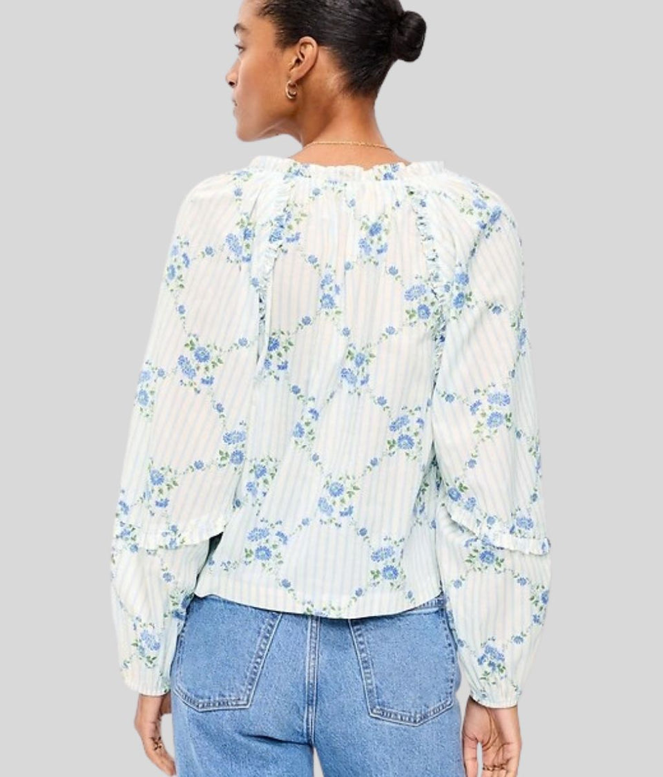 Ivory & Blue Frill Detail Tie Neck Blouse