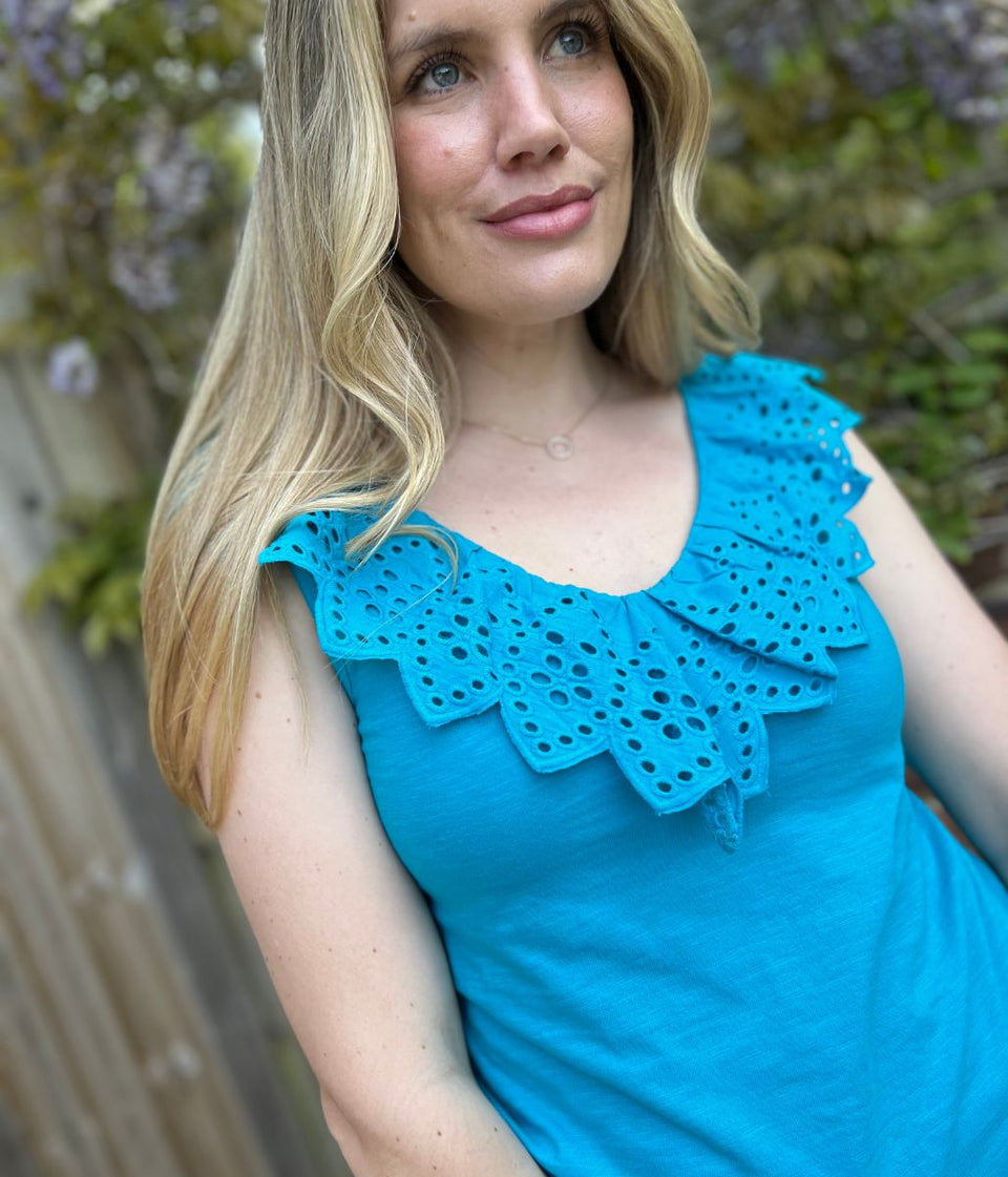 Turquoise Border Anglaise Vest Top