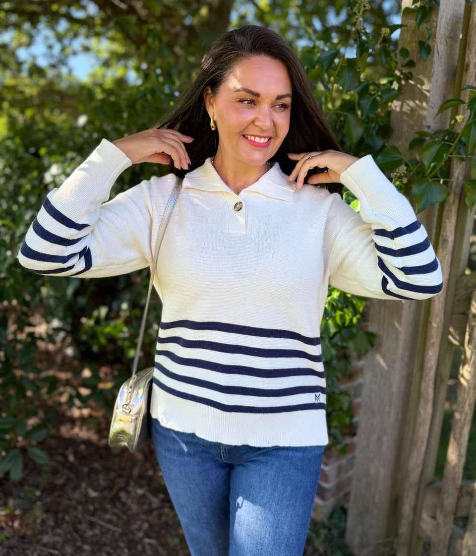 Navy Half Striped Collared Jumper