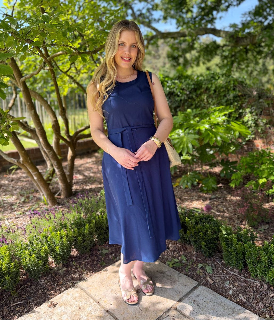 Navy Sleeveless Belted Linen Blend Midi Dress