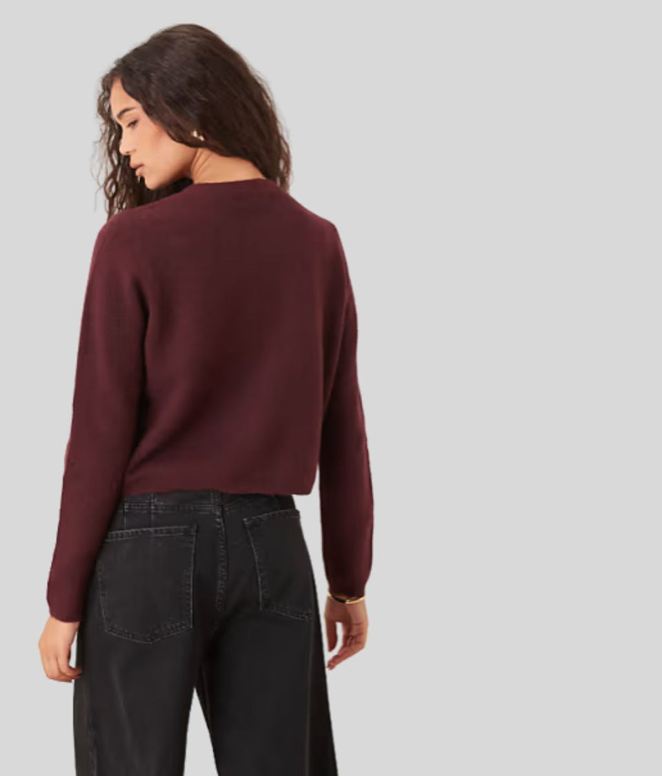 Burgundy Crew Neck Wool Blend Cardigan