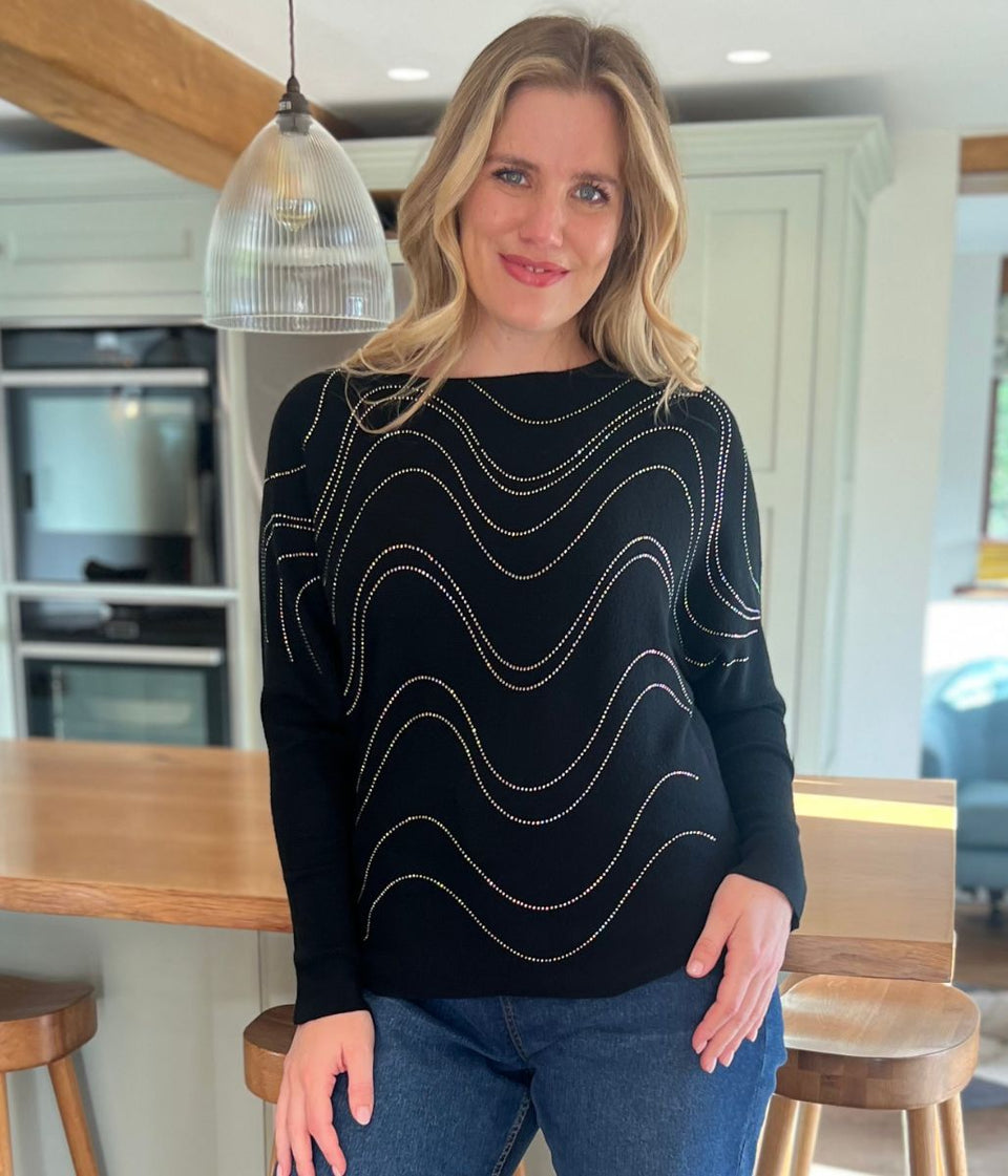 Black Sparkle Diamante Swirl Fine Knit Jumper