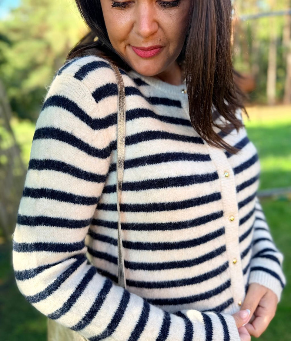 Ecru & Navy Striped Soft Knit Cardigan