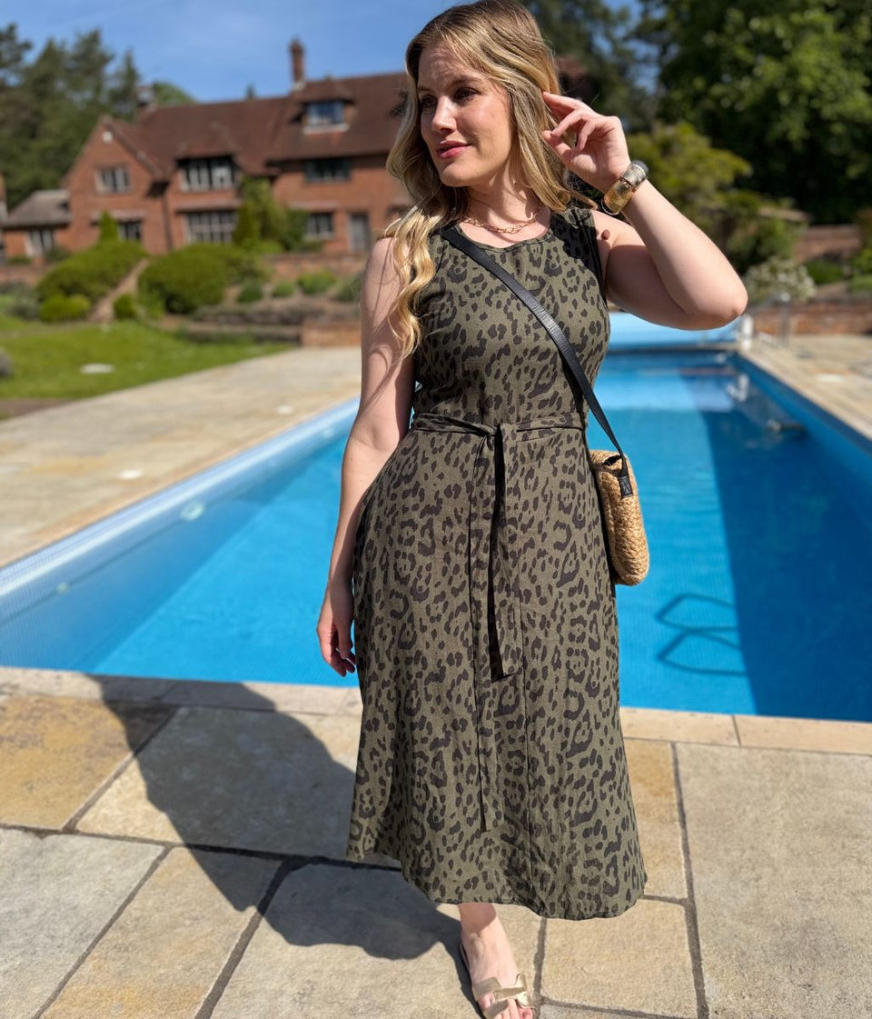 Green Animal Print Sleeveless Belted Linen Blend Midi Dress