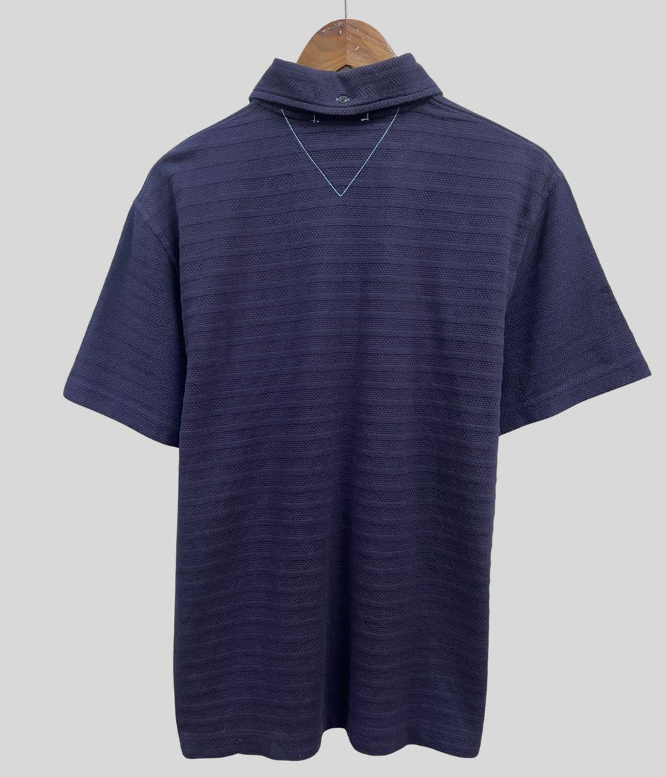 Mens Navy Textured Stripe Cotton Polo Shirt