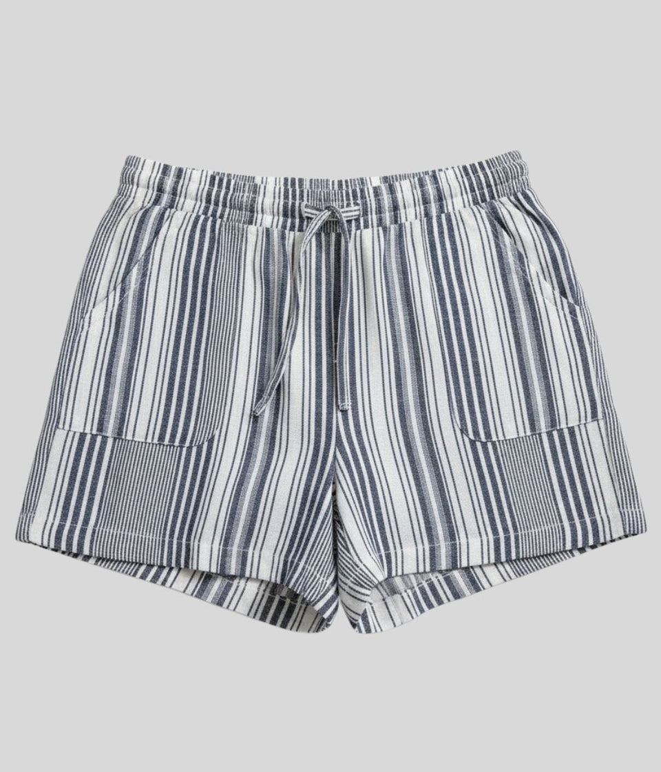 Navy Striped Linen Blend Shorts
