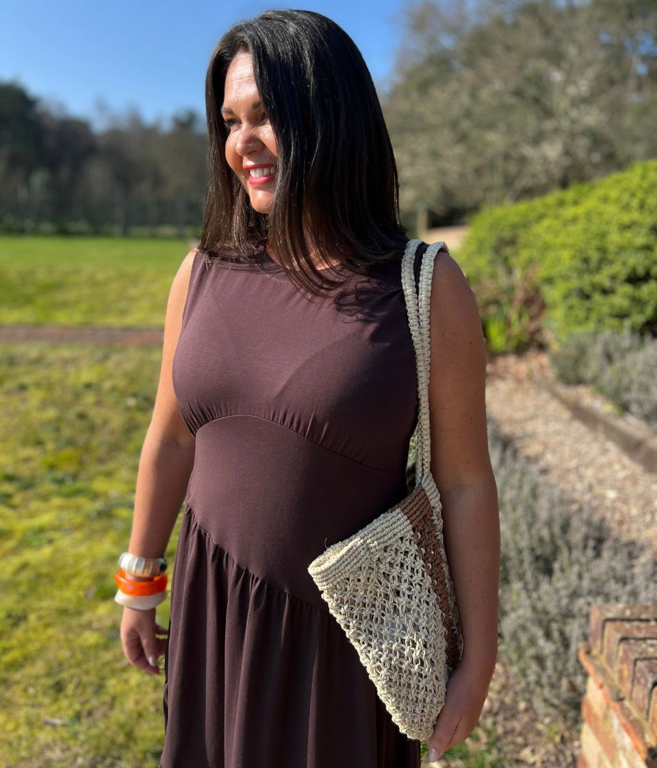 Brown Premium Asymmetric Sleeveless Jersey Dress