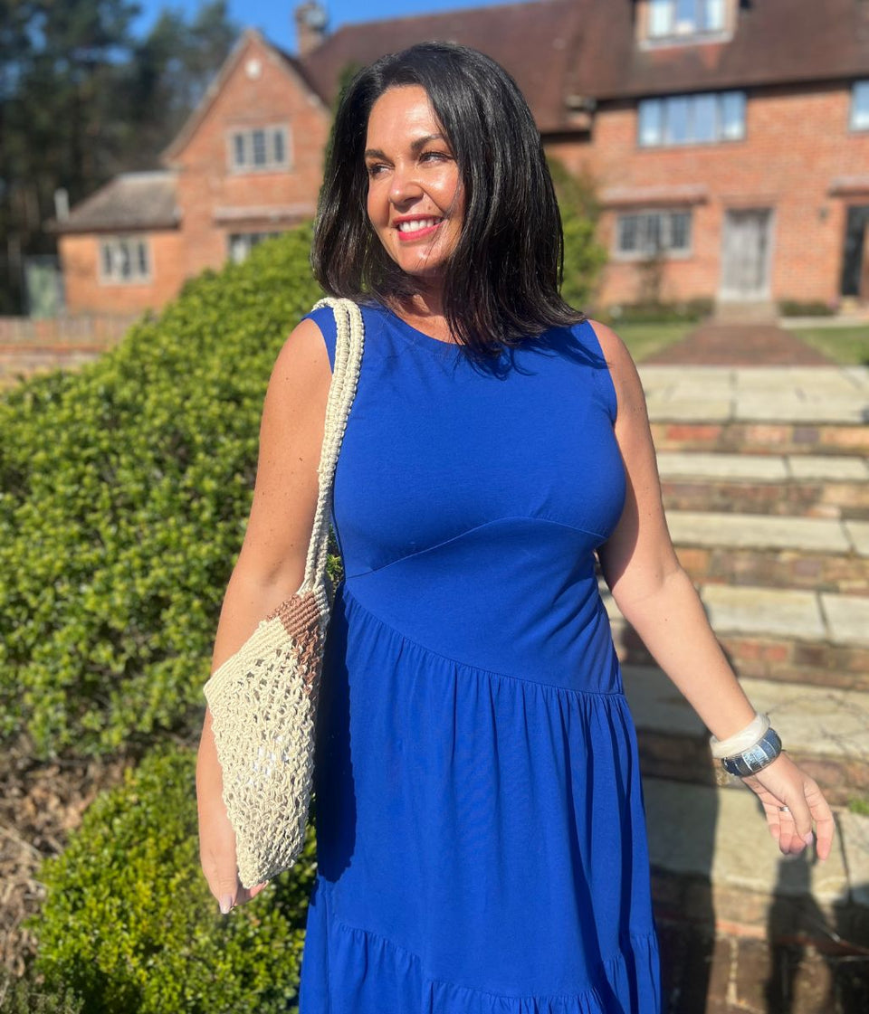 Blue Premium Asymmetric Sleeveless Jersey Dress