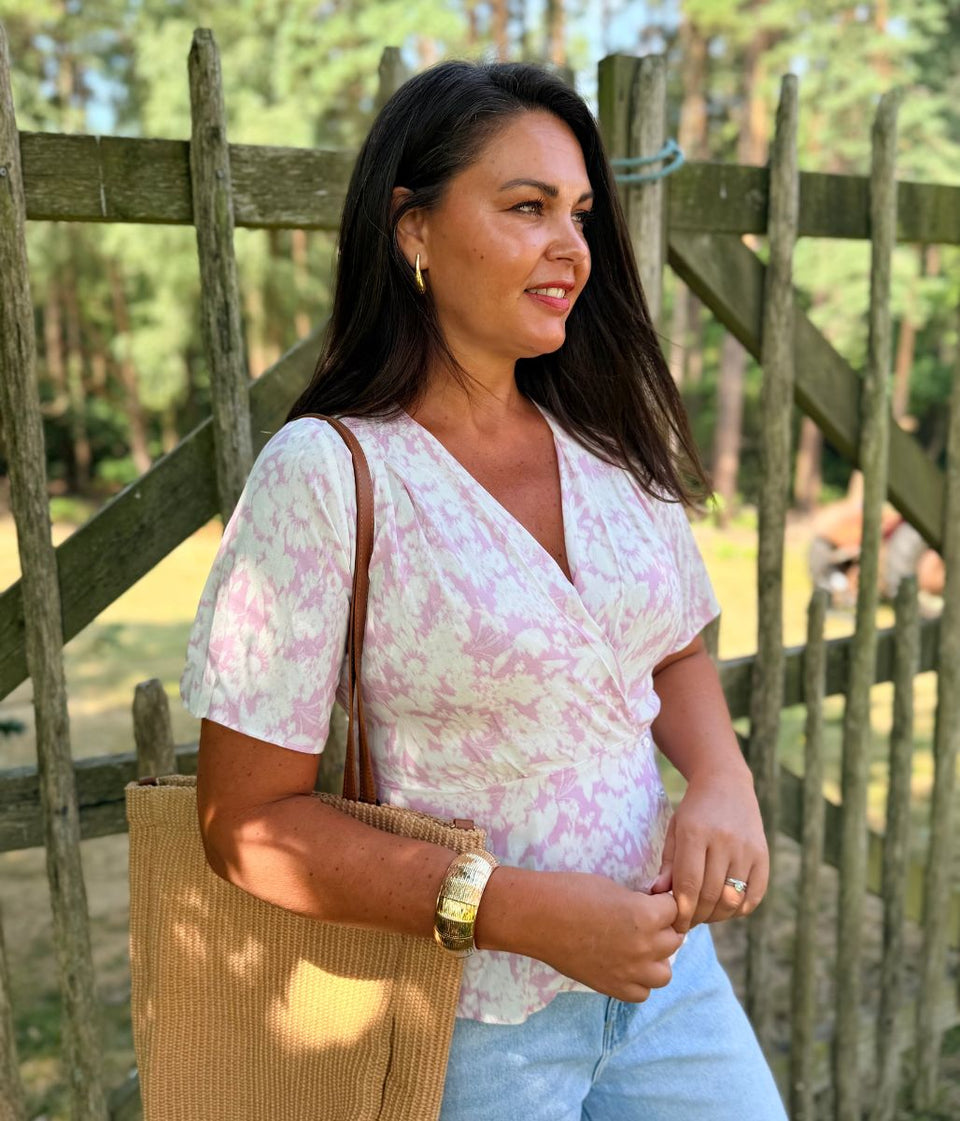 Pale Pink Floral Print Wrap Blouse