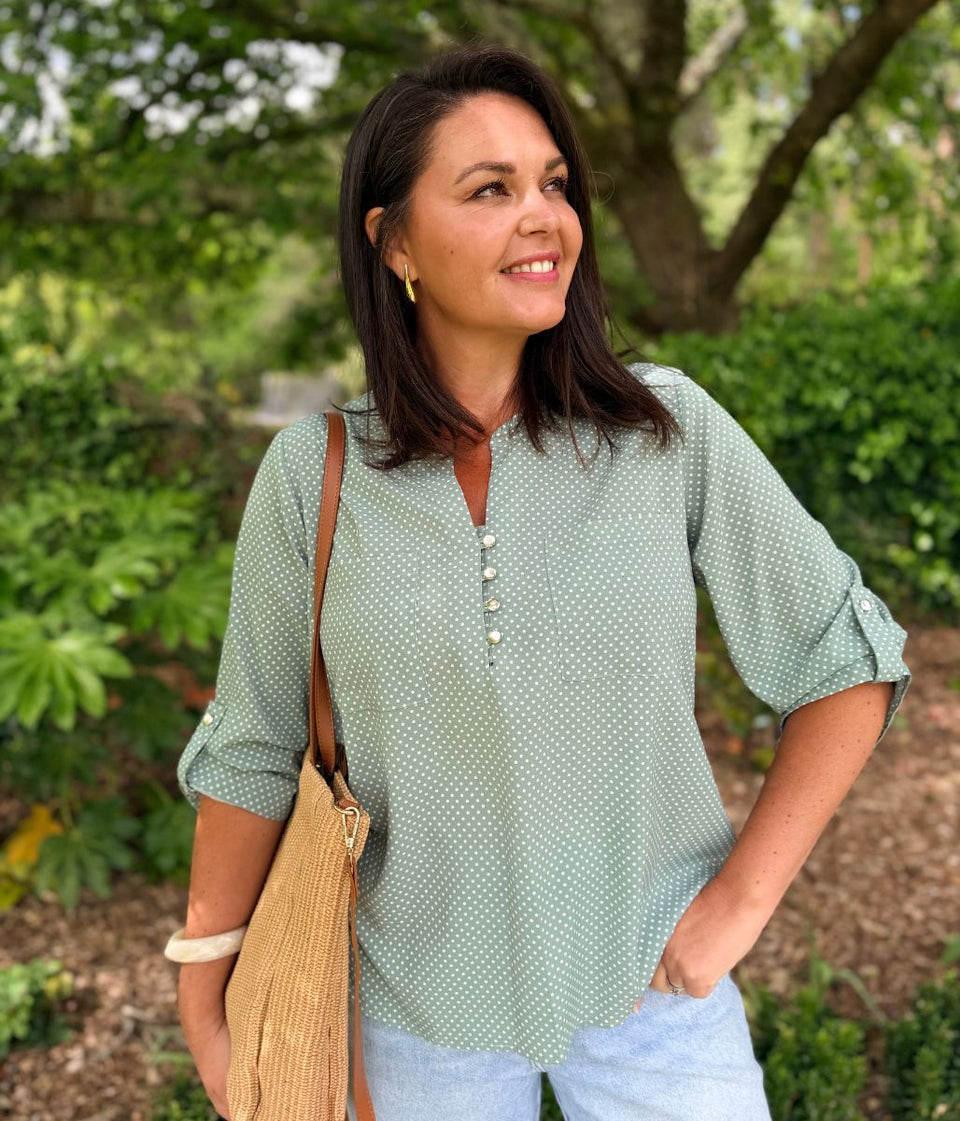 Green Polka Dot Popover Blouse