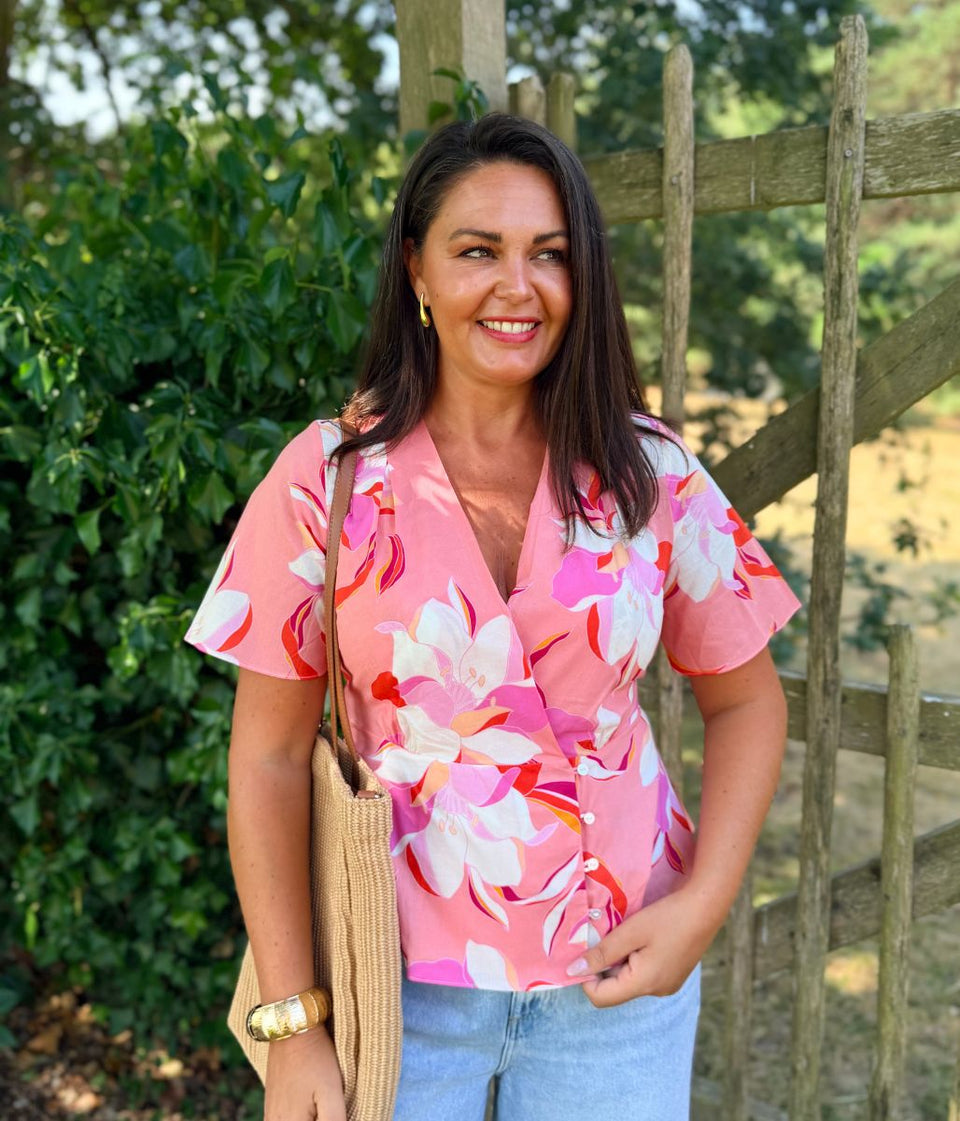Pink Floral Print Wrap Blouse