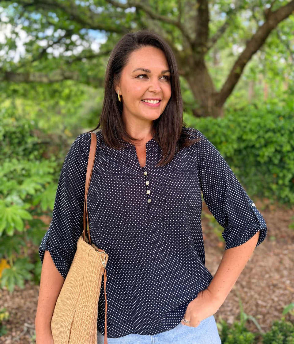 Navy Polka Dot Popover Blouse