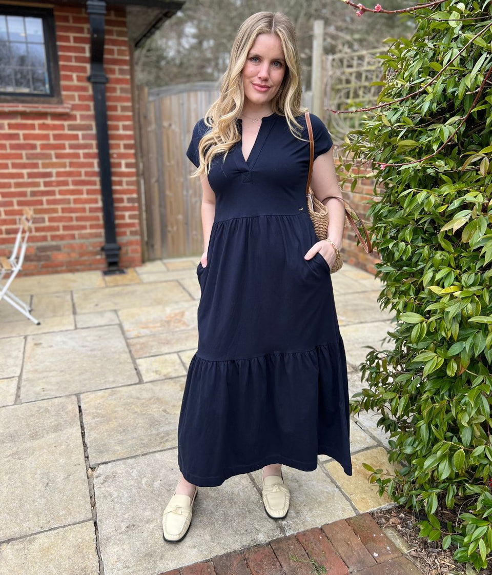 Navy Tiered Premium Notch Neck Jersey Dress