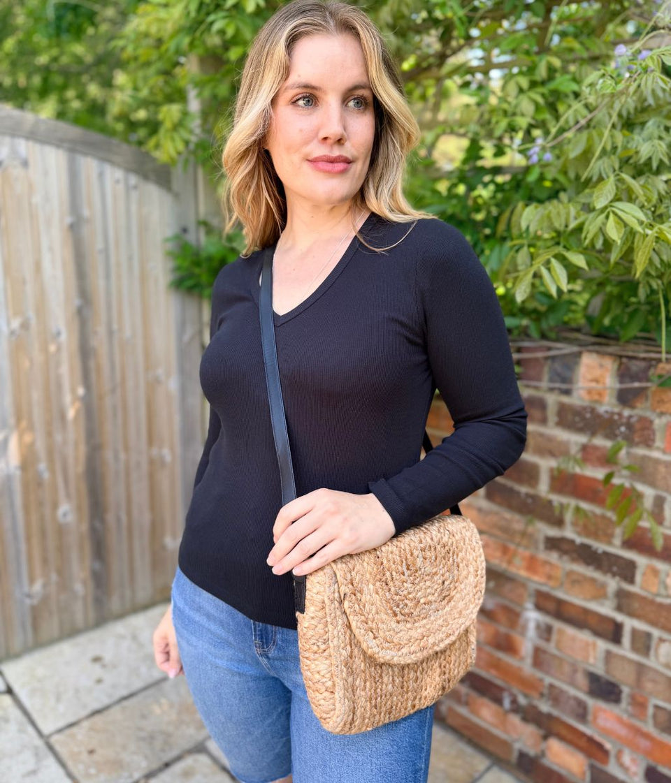 Black Cotton Rich Ribbed V Neck Top
