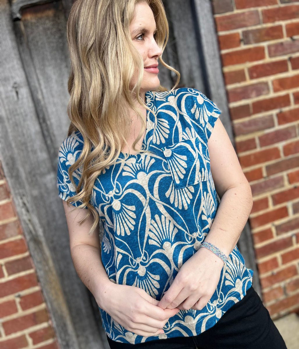 Iris Blue Printed Linen Top