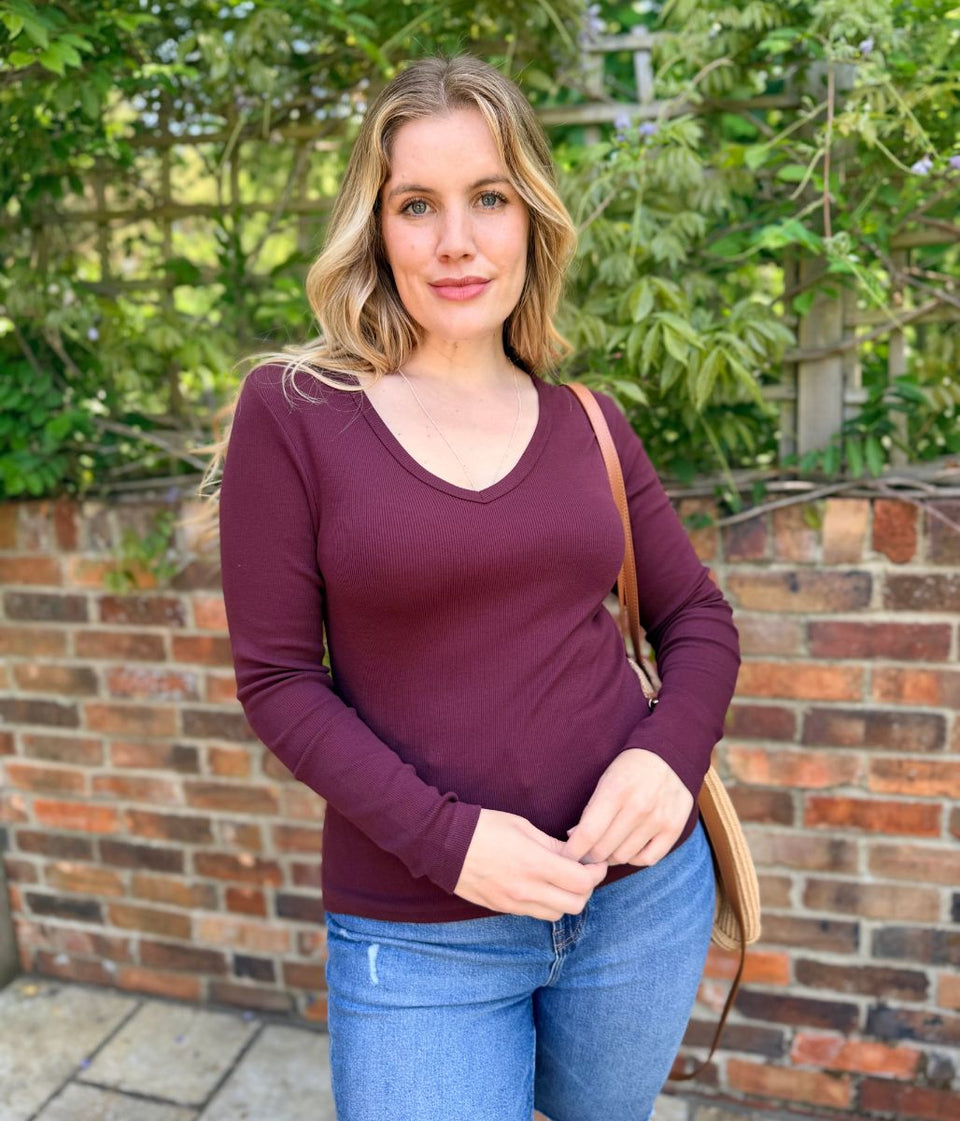 Burgundy Cotton Rich Ribbed V Neck Top