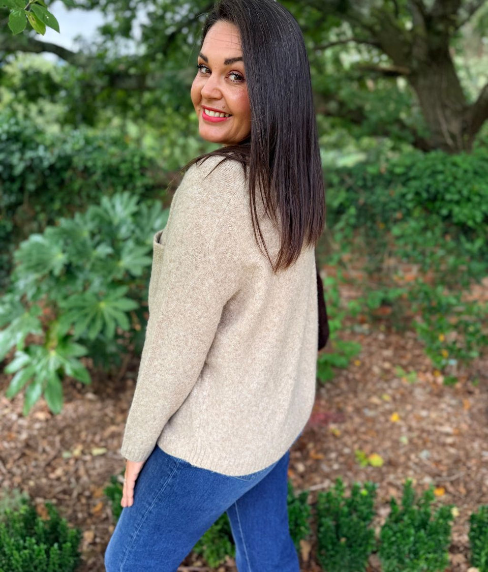 Natural Patch Pocket Collared Cardigan