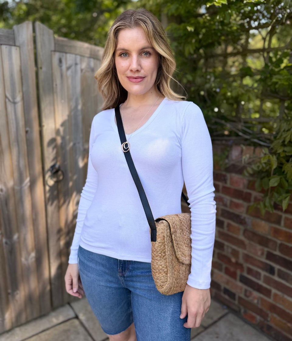 White Cotton Rich Ribbed V Neck Top