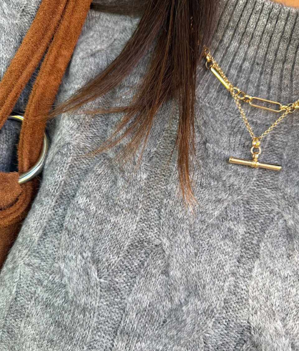 Grey Cable Knit Turtle Neck Jumper