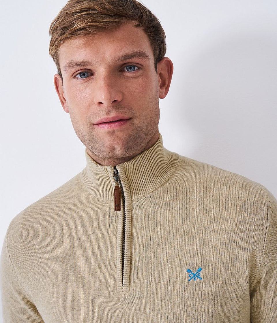 Beige Mens Cotton Half Zip Jumper