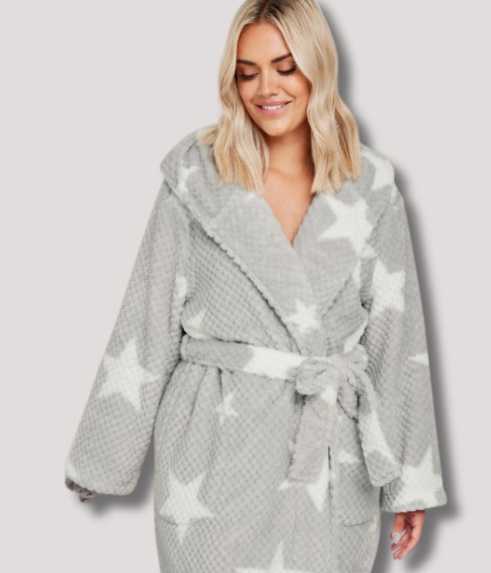 Grey Cosy Star Print Hooded Dressing Gown