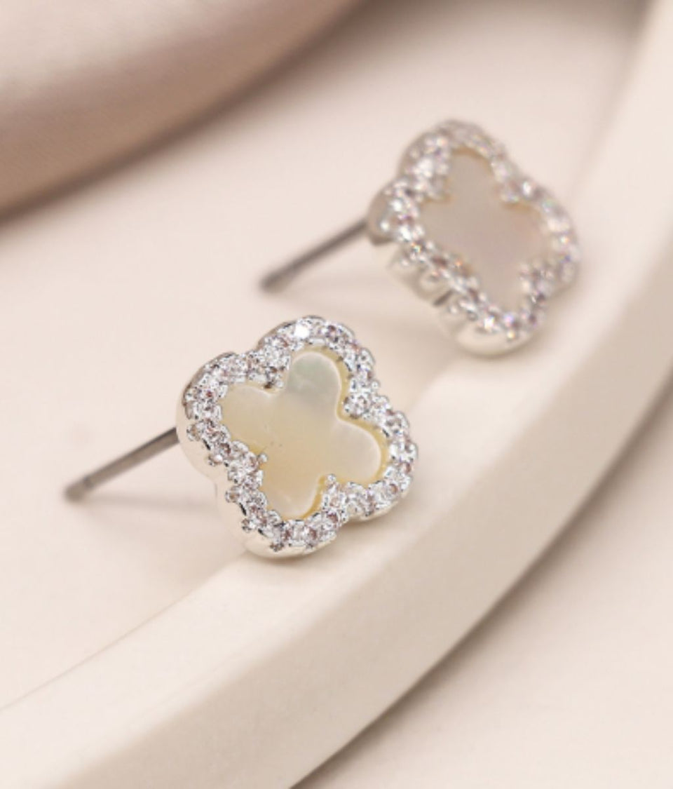 Silver Plated Crystal Edged Quatrefoil Earrings
