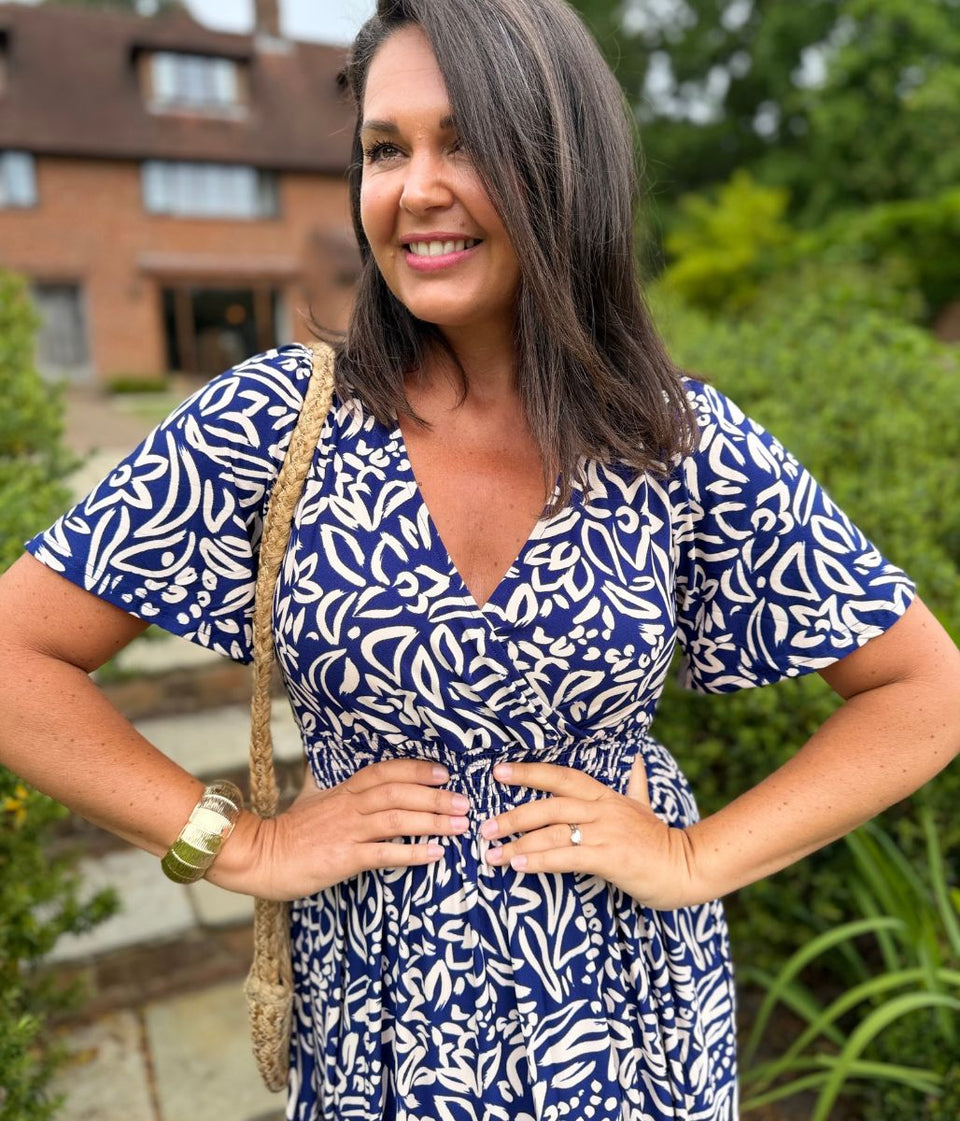 Navy Paloma Shirred Waist Midi Dress