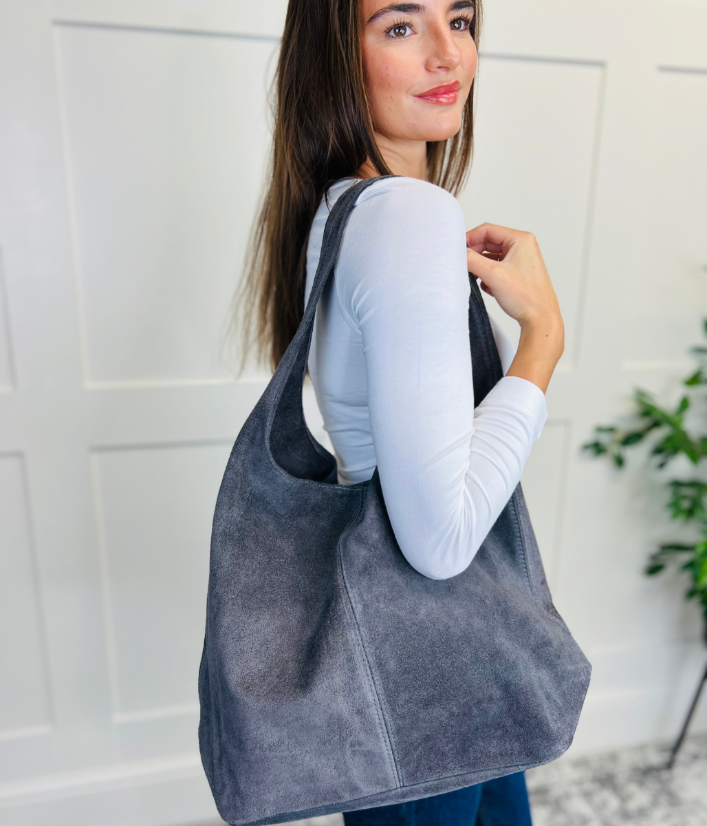 Grey suede slouch bag hotsell