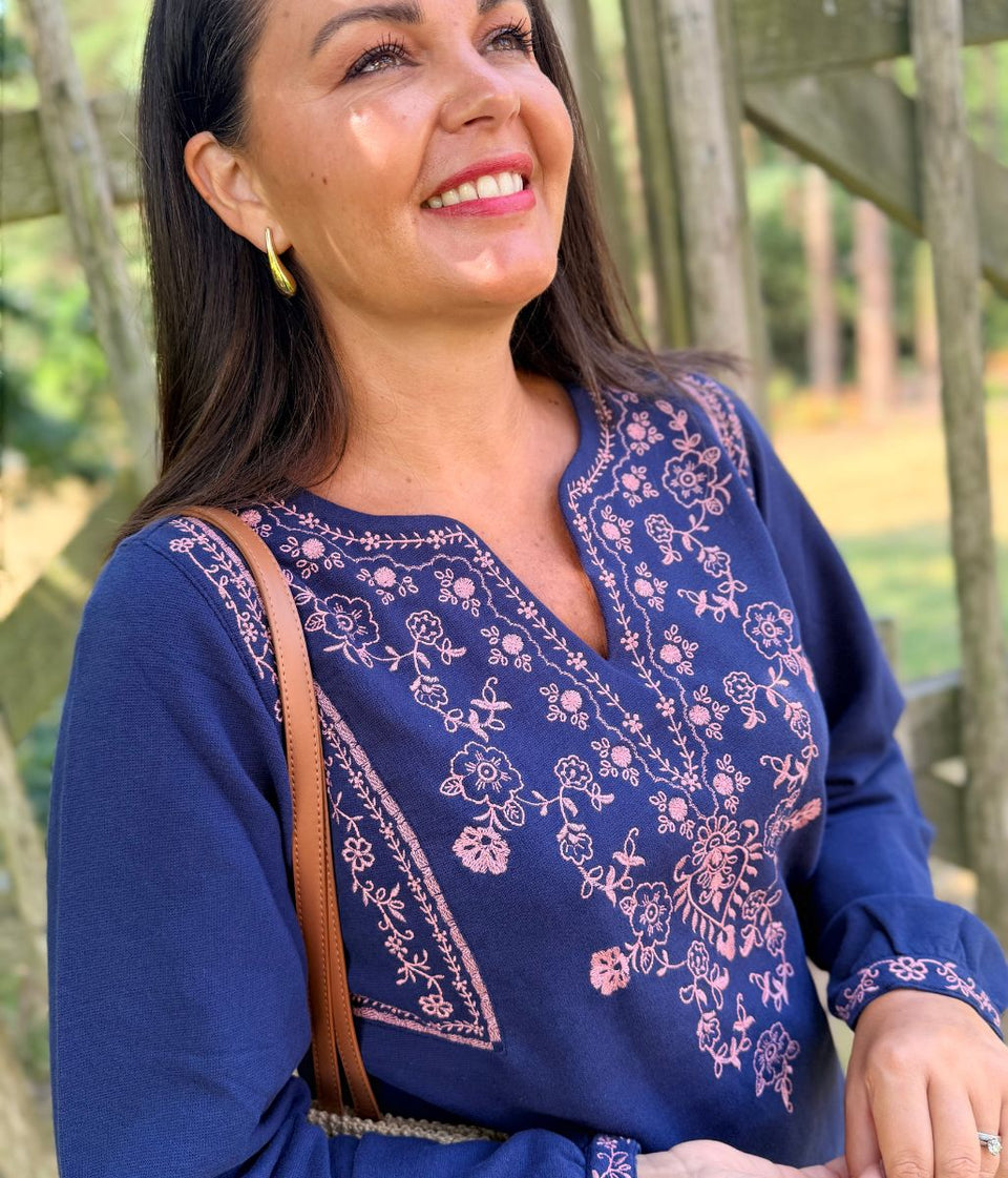 Navy Embroidered Notch Neck Top