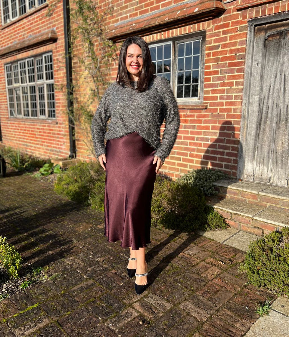 Burgundy Satin Slip Midi Skirt