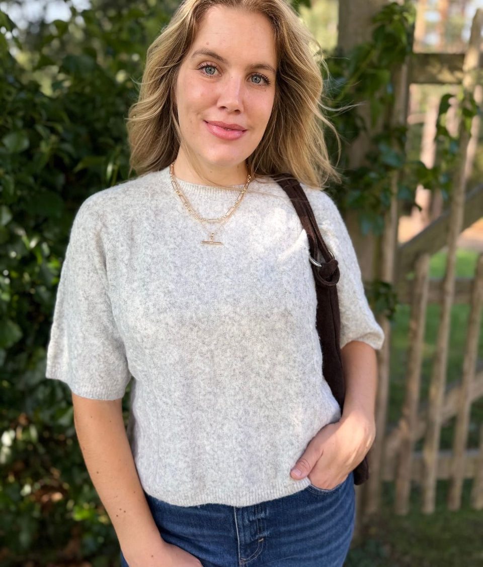 Light Grey Cable Knit Short Sleeve Jumper
