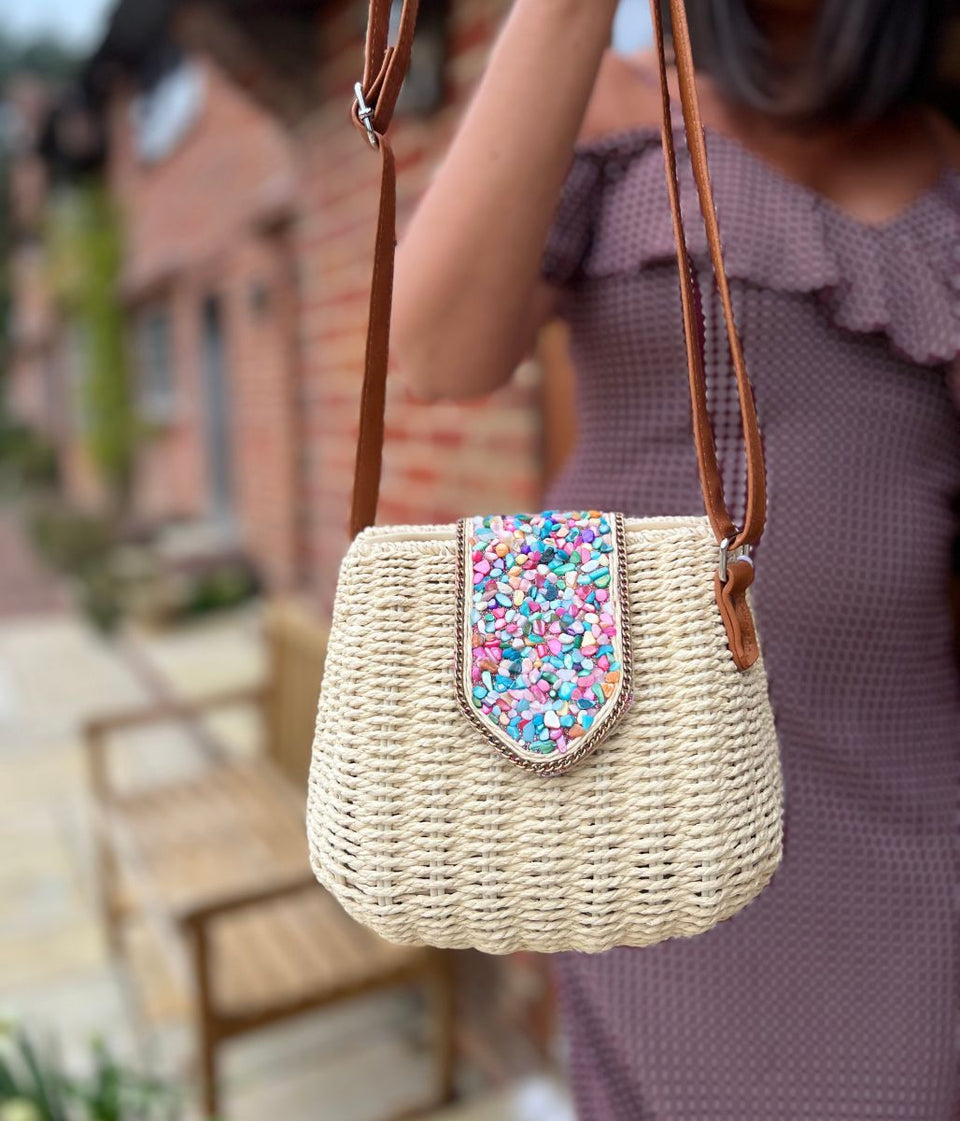 Natural Jessica Raffia Beaded Basket Weave Bag