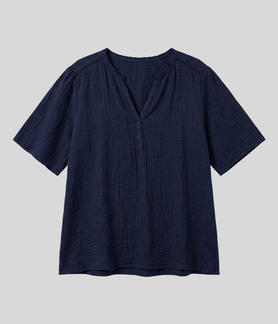 Navy Cheesecloth Notch Neck Blouse